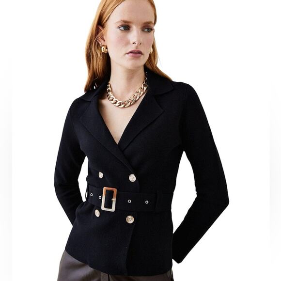 NEW Karen Millen Milano Knit Belted Jacket, Black w/Gold, Career, Travel, M - Picture 1 of 11